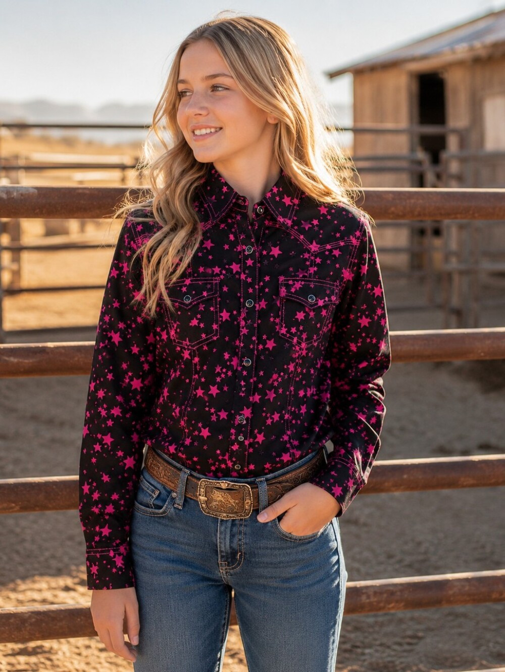 WRANGLER ROCK 47 rodeo cowgirl western LS shirt Black & pink Stars sz XL euc